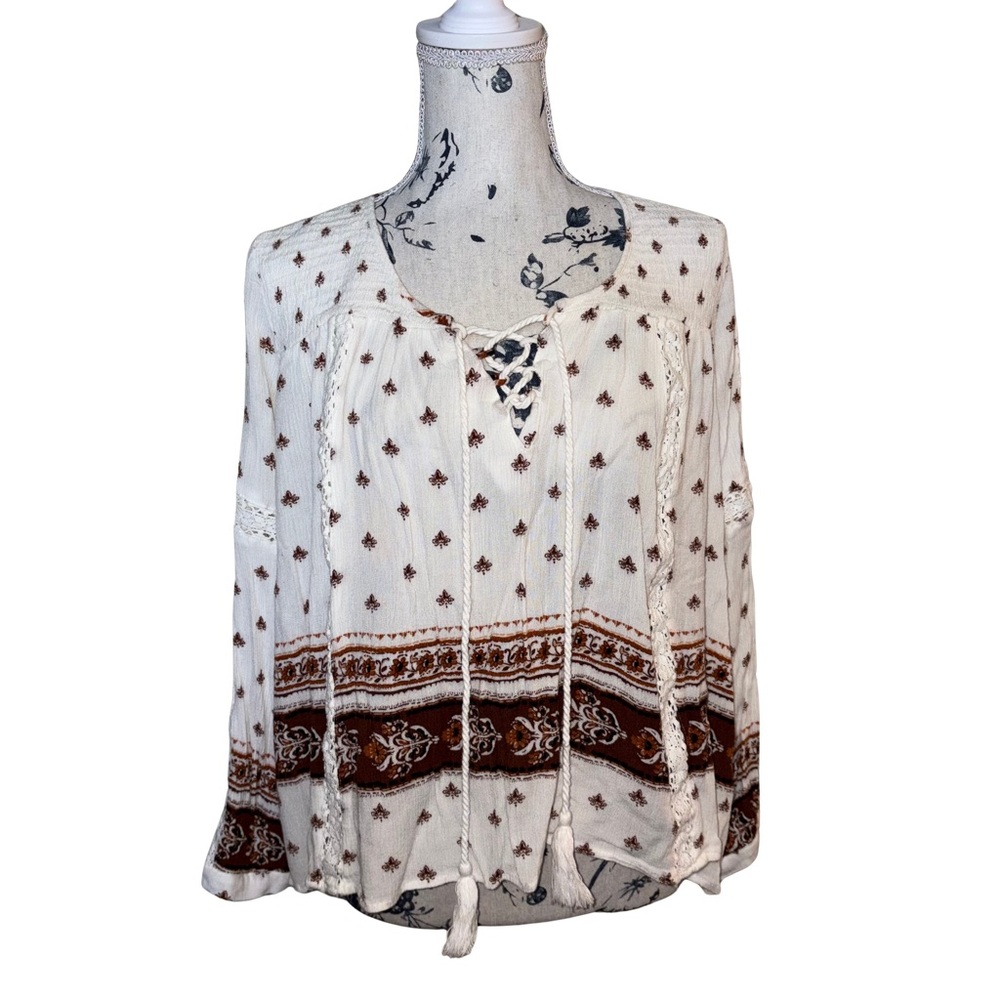 Sage The Label Boho Floral Tie-Front Peasant Blouse | Smocked Back | Small | EUC